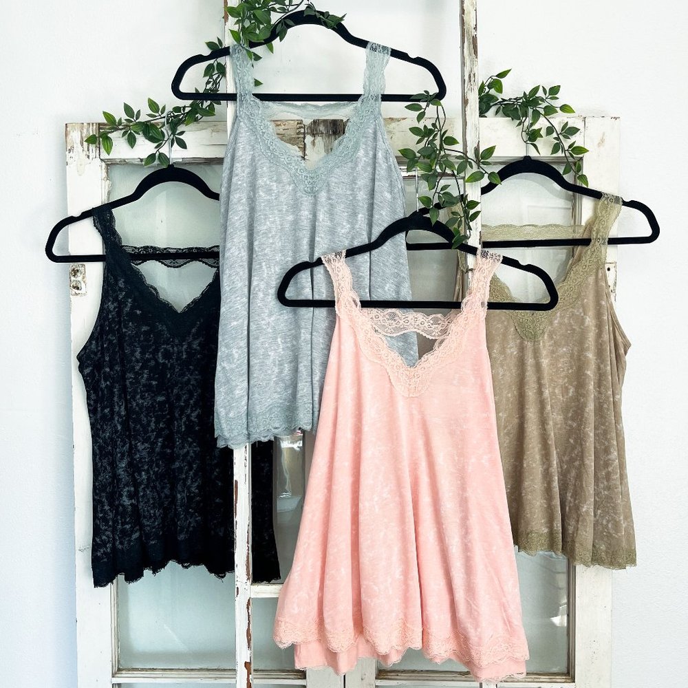 GREY Flowy Vintage Wash Lace Tank Tops - Picture 6 of 6